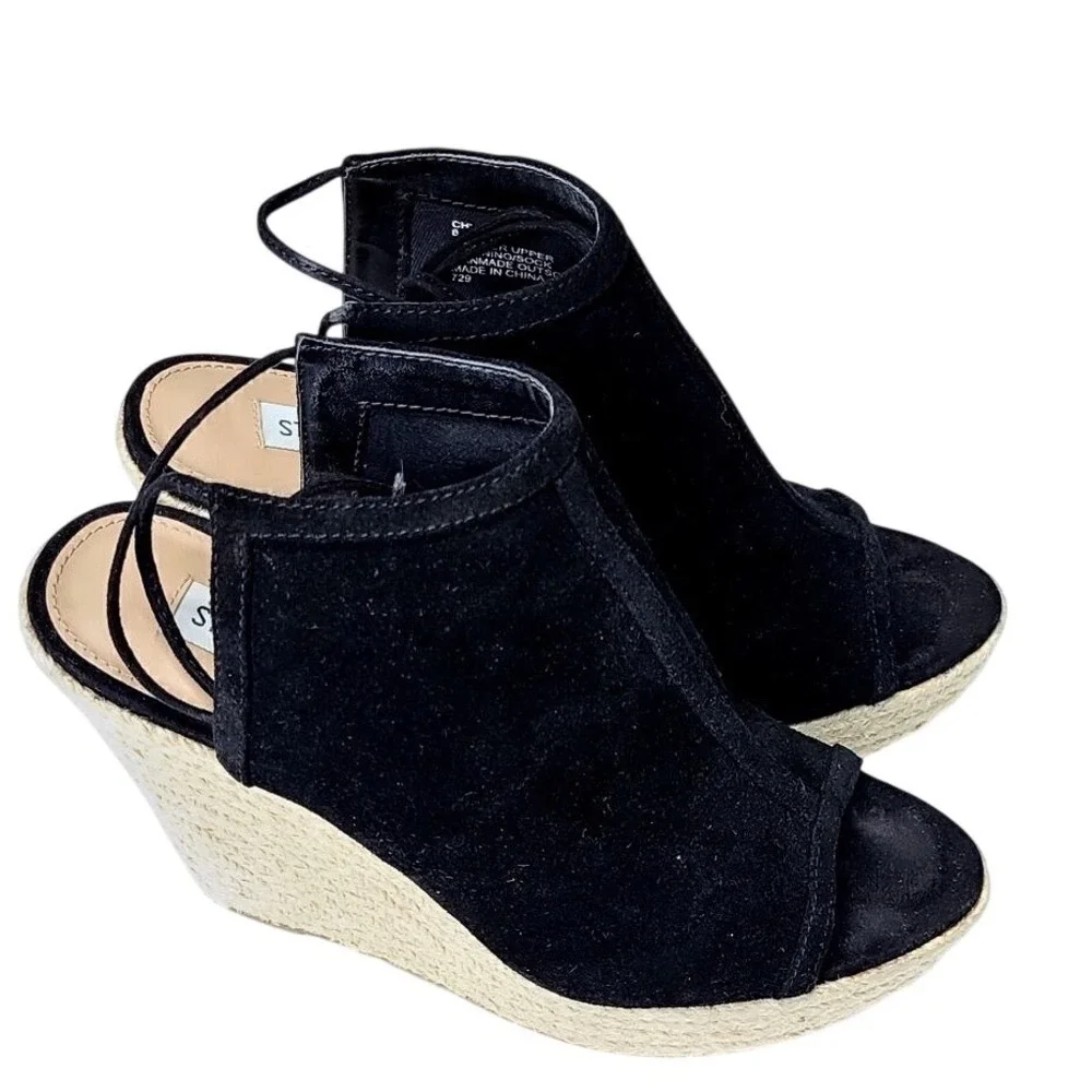 Steve Madden Chya Black Leather Espadrille Wedge Sandals Lace Up Ankle Tie 8.5